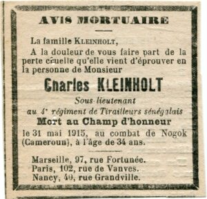 DO001 recto - Faire-part de décès de Charles Henri Kleinholt, né à Arles en 1879, décédé à Ngok-Bassong, Cameroun, et enterré à Éséka.